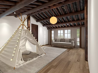 Hotel Guest Room Interior Featuring Wooden Beam Ceiling Teepee String Lights Gray Rug And Sofa 3d model