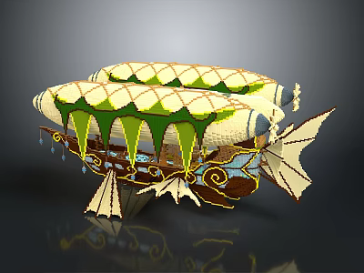 Fantasy Spacecraft Design With Double Airships Green Accents And Wing Structures 3d model
