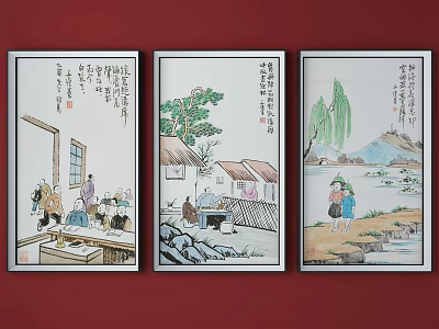 Traditional Chinese Painting Artwork With Three Panels Featuring Figures Architecture Natural Scenes And Calligraphy 3d model