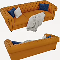 Orange Tufted Multi Seater Sofa With Blue White Pillows And Gray Blanket 3d model