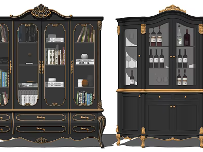 Classic Style Black and Gold Wine Cabinet with Glass Doors and Wine Bottles 3d model