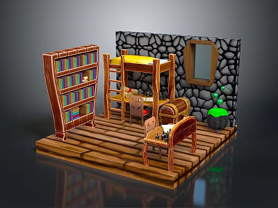 Wooden Bookshelf With Books In Room Featuring Bunk Bed Desk Stone Wall And Wooden Floor 3d model