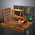 Wooden Bookshelf With Books In Room Featuring Bunk Bed Desk Stone Wall And Wooden Floor