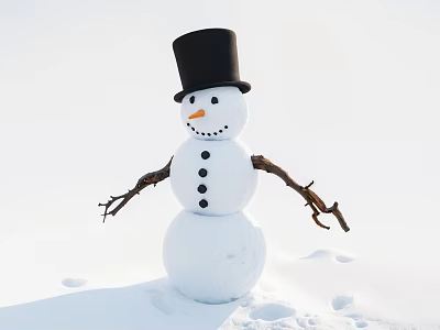 Snowman Garden Ornament in Snowy Landscape with Black Top Hat Carrot Nose and Stick Arms 3d model
