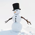 Snowman Garden Ornament in Snowy Landscape with Black Top Hat Carrot Nose and Stick Arms