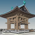 Traditional Chinese Pavilion with Overhanging Eaves Wooden Columns White Railings and Stone Steps