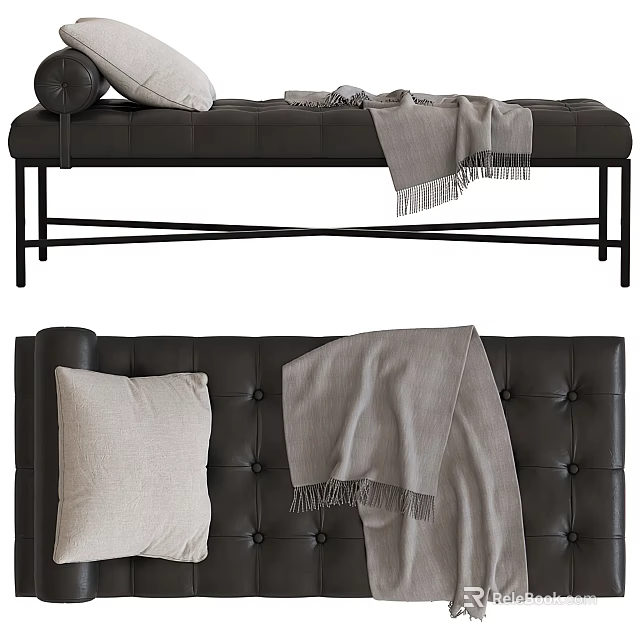 Black Leather Ottoman with Tufted Surface Soft Pillow and Throw Blanket on Metal Frame 3d model 