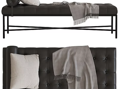 Black Leather Ottoman with Tufted Surface Soft Pillow and Throw Blanket on Metal Frame 3d model