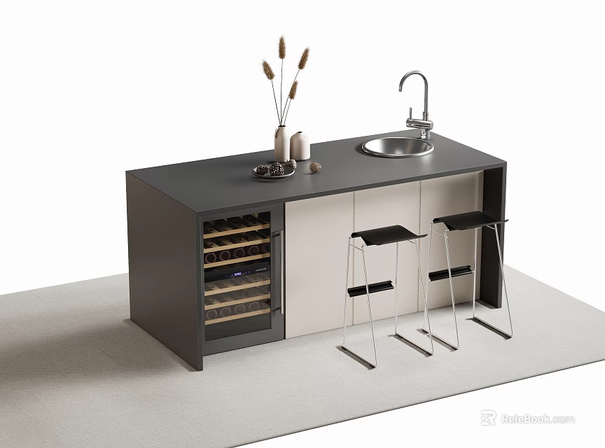 Modern Bar Counter With Black Top Wine Rack Sink Decorative Items And Metal Bar Stools 3d model 