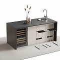 Modern Bar Counter With Black Top Wine Rack Sink Decorative Items And Metal Bar Stools