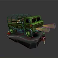 Green Military Tank With Metal Railings And Glowing Headlights On Gray Platform