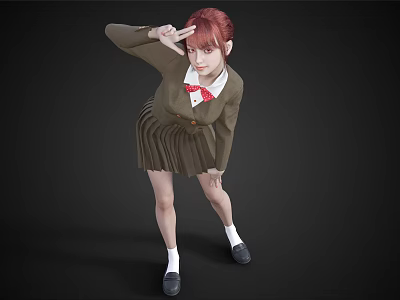 A red haired woman in green school uniform saluting wearing pleated skirt and bow tie 3d model