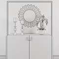 Stylish Dark Console Cabinet with Decorative Mirror White Orchids Gold Vase on Light Blue Wall
