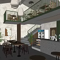 Modern Restaurant Interior With White Pendant Lights Green Mezzanine Railings And Wooden Tables