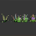 3D Rendered Colorful Plants with Green Leaves Various Colored Flowers on Gray Background and Reflections