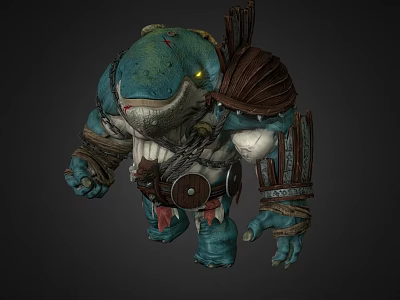 Game and Movie Character Featuring Blue Skin Shark Head Armor Bandages Shield Bow And Arrow 3d model