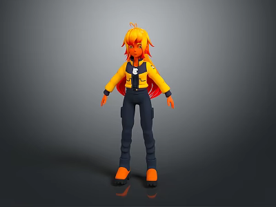 3D Anime Character Model With Orange Hair Yellow Jacket Black Pants And Orange Shoes Standing Pose 3d model