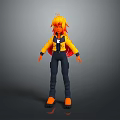3D Anime Character Model With Orange Hair Yellow Jacket Black Pants And Orange Shoes Standing Pose