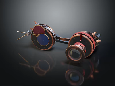 Steampunk Style Goggles With Copper Frames Blue Red Lenses And Leather Straps 3d model