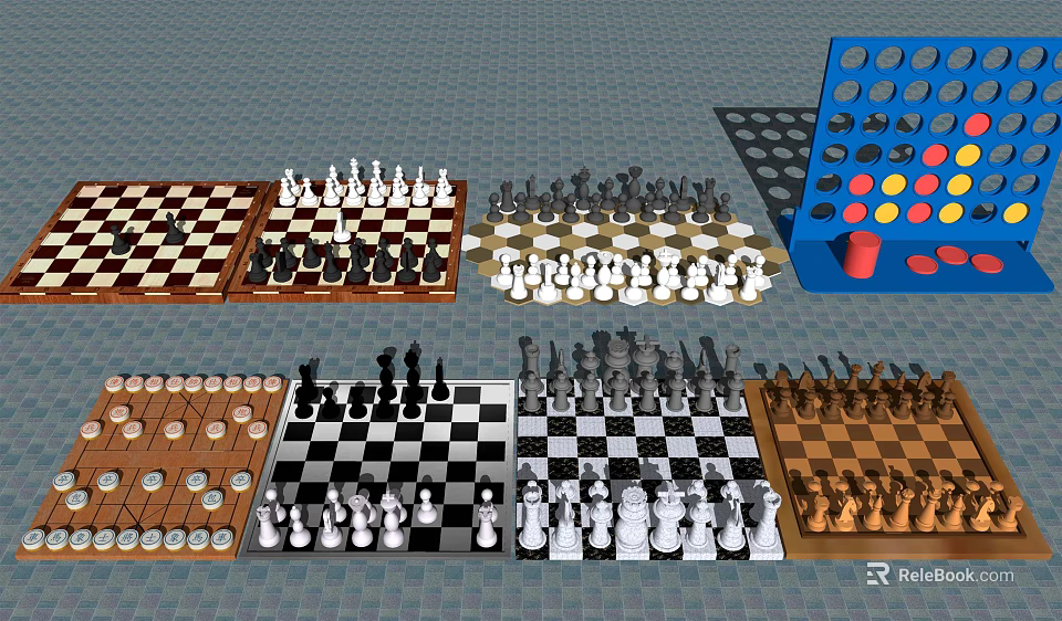 Assorted Board Games for Entertainment Featuring Chess Checkers Connect Four and Game Pieces 3d model 