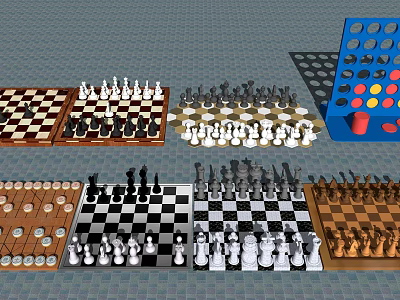 Assorted Board Games for Entertainment Featuring Chess Checkers Connect Four and Game Pieces 3d model