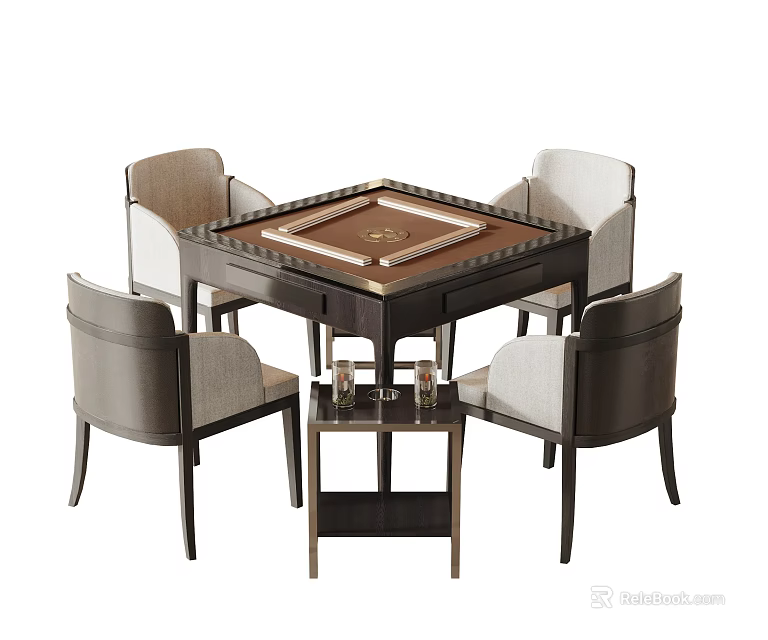 Elegant Entertainment Table With Mahjong Tiles Four Chairs And Small Side Table 3d model 