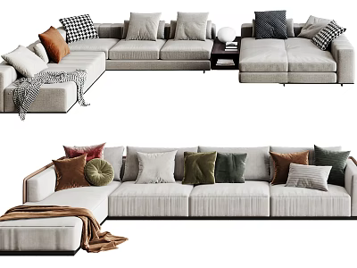 Modern L Shaped Sectional Sofa With Multiple Colorful Pillows And Soft Blanket 3d model