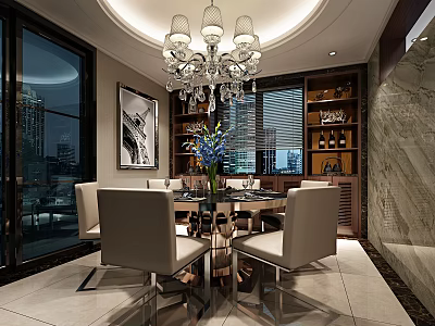 Elegant Restaurant Interior With Chandelier Dining Table Chairs Flower Vase Wine Rack And City View 3d model
