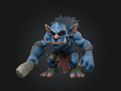 Blue Muscular Mythical Creature 3D Model With Large Ears Fangs And Stone Club 3d model