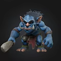 Blue Muscular Mythical Creature 3D Model With Large Ears Fangs And Stone Club