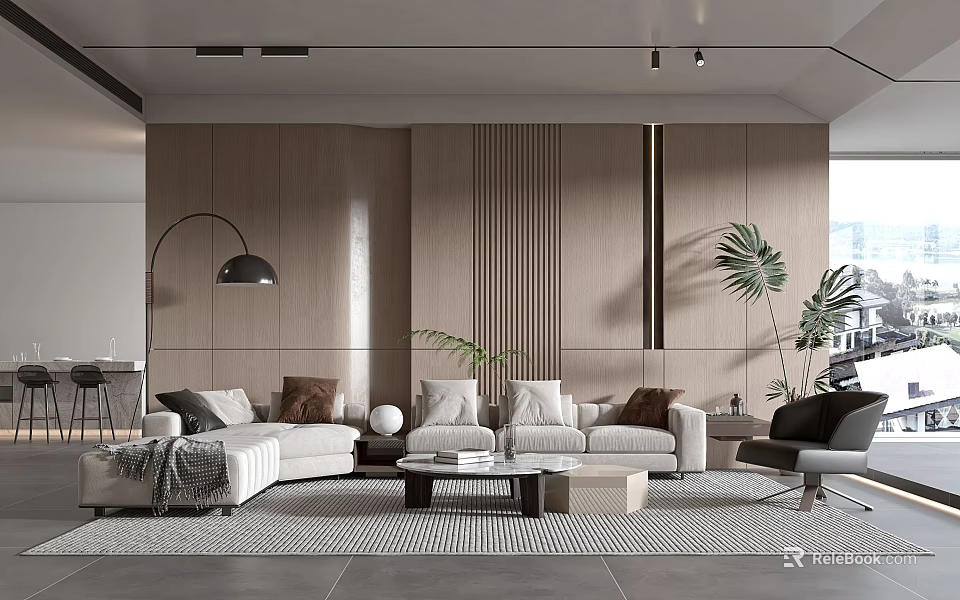 Modern Living Room Interior Design With Wooden Wall Neutral Sofa Area Rug And Indoor Plant 3d model 
