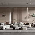 Modern Living Room Interior Design With Wooden Wall Neutral Sofa Area Rug And Indoor Plant