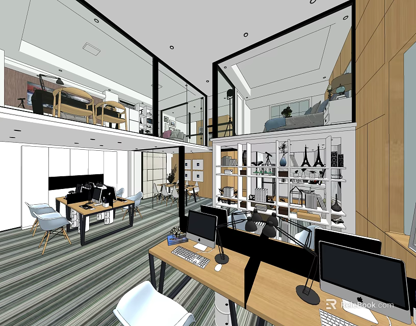 Modern Spacious Public Office Space With Work Desks Computers And Office Chairs 3d model 