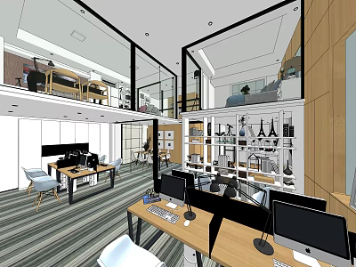 Modern Spacious Public Office Space With Work Desks Computers And Office Chairs 3d model