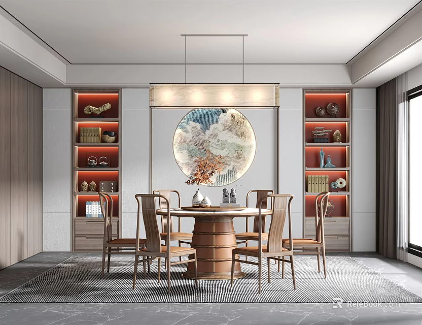 Modern Elegant Restaurant Interior With Round Dining Table Wooden Chairs Display Shelves And Circular Artwork 3d model 