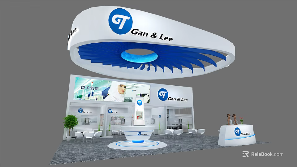 Gan&Lee Exhibition Booth with Curved Blue Top Structure Reception Desk Display Area and Green Plant 3d model 