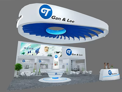 Gan&Lee Exhibition Booth with Curved Blue Top Structure Reception Desk Display Area and Green Plant 3d model