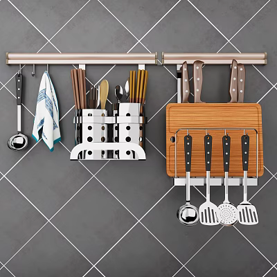Wall Mounted Kitchen Utensils Organizer With Knives Chopsticks Spatulas And Cutting Board 3d model