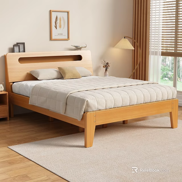 Warm Bedroom Interior With Wooden Bed Light Quilt Pillows Bedside Lamp Blinds And Wall Painting 3d model 