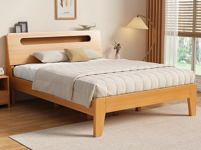 Warm Bedroom Interior With Wooden Bed Light Quilt Pillows Bedside Lamp Blinds And Wall Painting 3d model