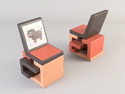 Block Style Orange And Black Accent Chair With Cartoon Cat Drawing Board And Colorful Dots 3d model