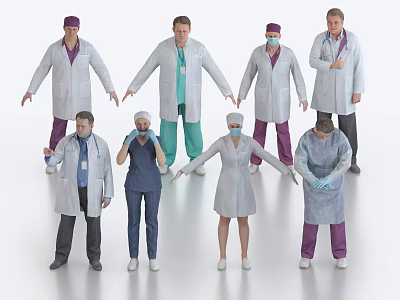 Group of Diverse Medical Professionals in White Coats Scrubs Masks and Stethoscopes Standing Together 3d model