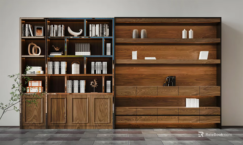 Wooden Bookshelf With Multi Compartment Layered Storage And Decorative Items 3d model 