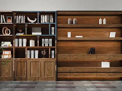 Wooden Bookshelf With Multi Compartment Layered Storage And Decorative Items 3d model