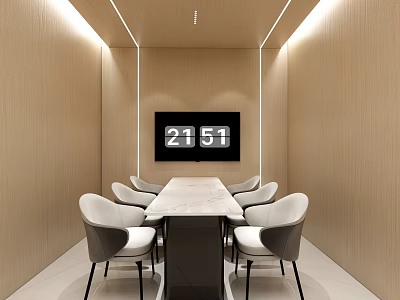 Modern Conference Room With Long Table White Chairs And Digital Clock On Wooden Walls 3d model