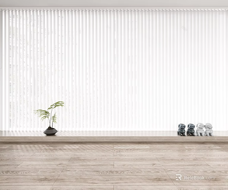 White Venetian Blinds In Interior Space With Wooden Floor Small Potted Plant And Decorative Items 3d model 