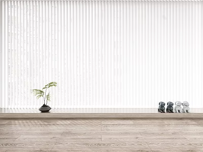 White Venetian Blinds In Interior Space With Wooden Floor Small Potted Plant And Decorative Items 3d model