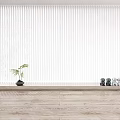 White Venetian Blinds In Interior Space With Wooden Floor Small Potted Plant And Decorative Items
