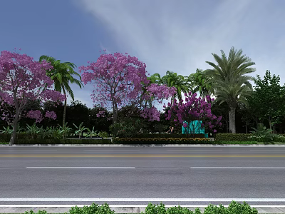 Road Facilities With Scenic Purple Trees Palm Trees And Green Plants Around 3d model
