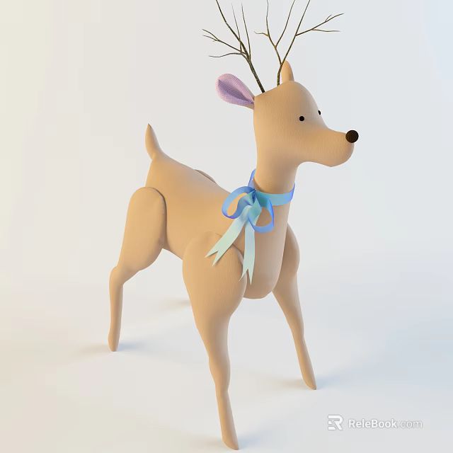 Light Brown Stuffed Deer Doll With Antlers And Blue Ribbon Detail 3d model 